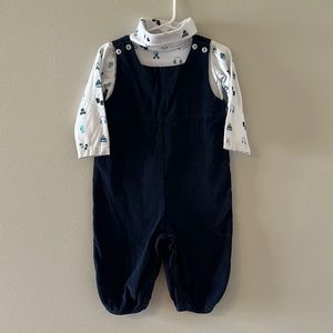 Boys thin wale navy corduroy romper with coordinating turtleneck.